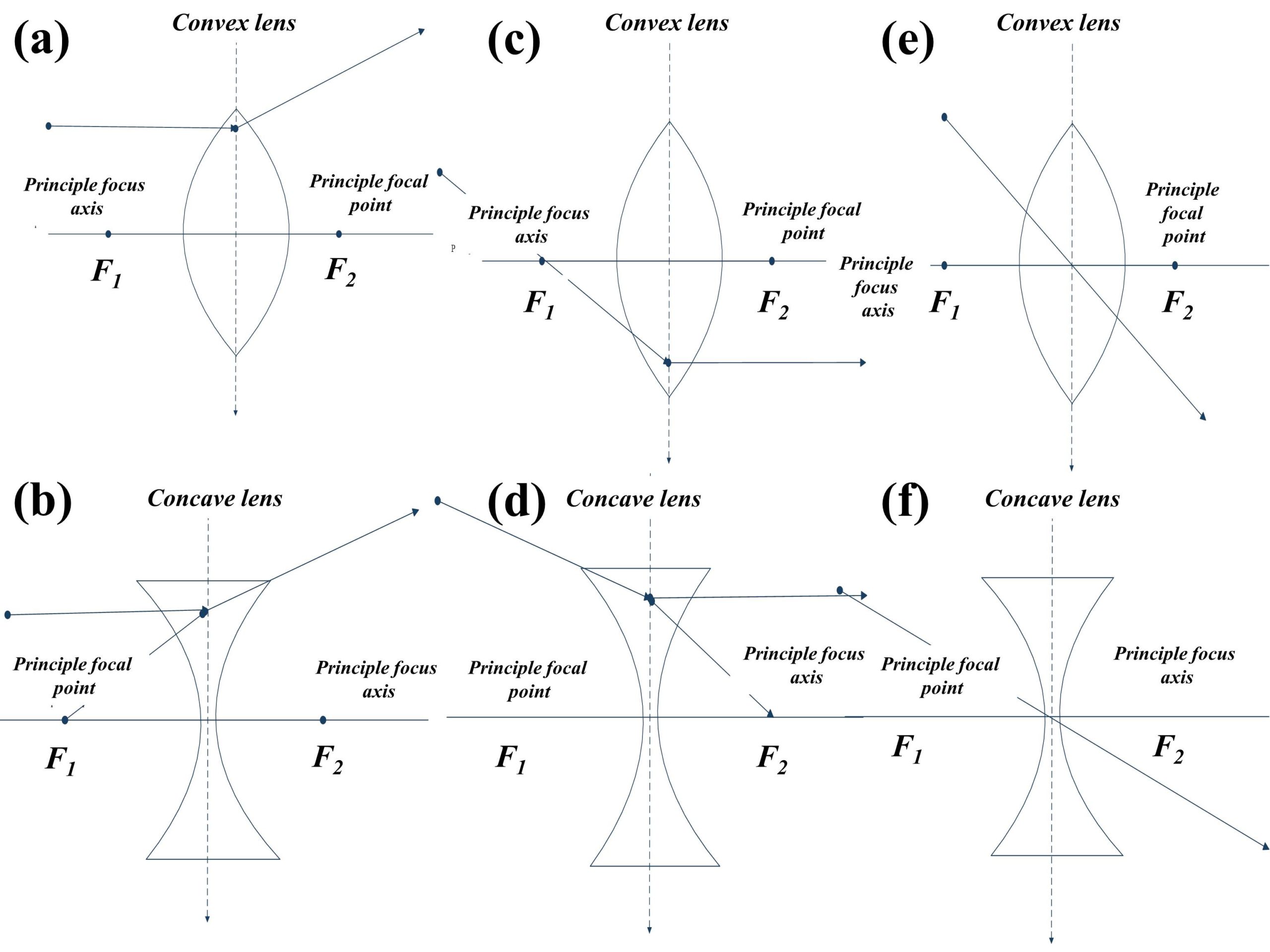 Rules of image formation shown through concave and convex lens.